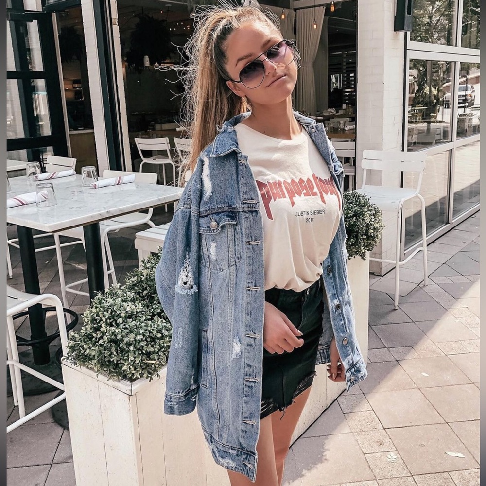 Long distressed medium/dark denim jacket